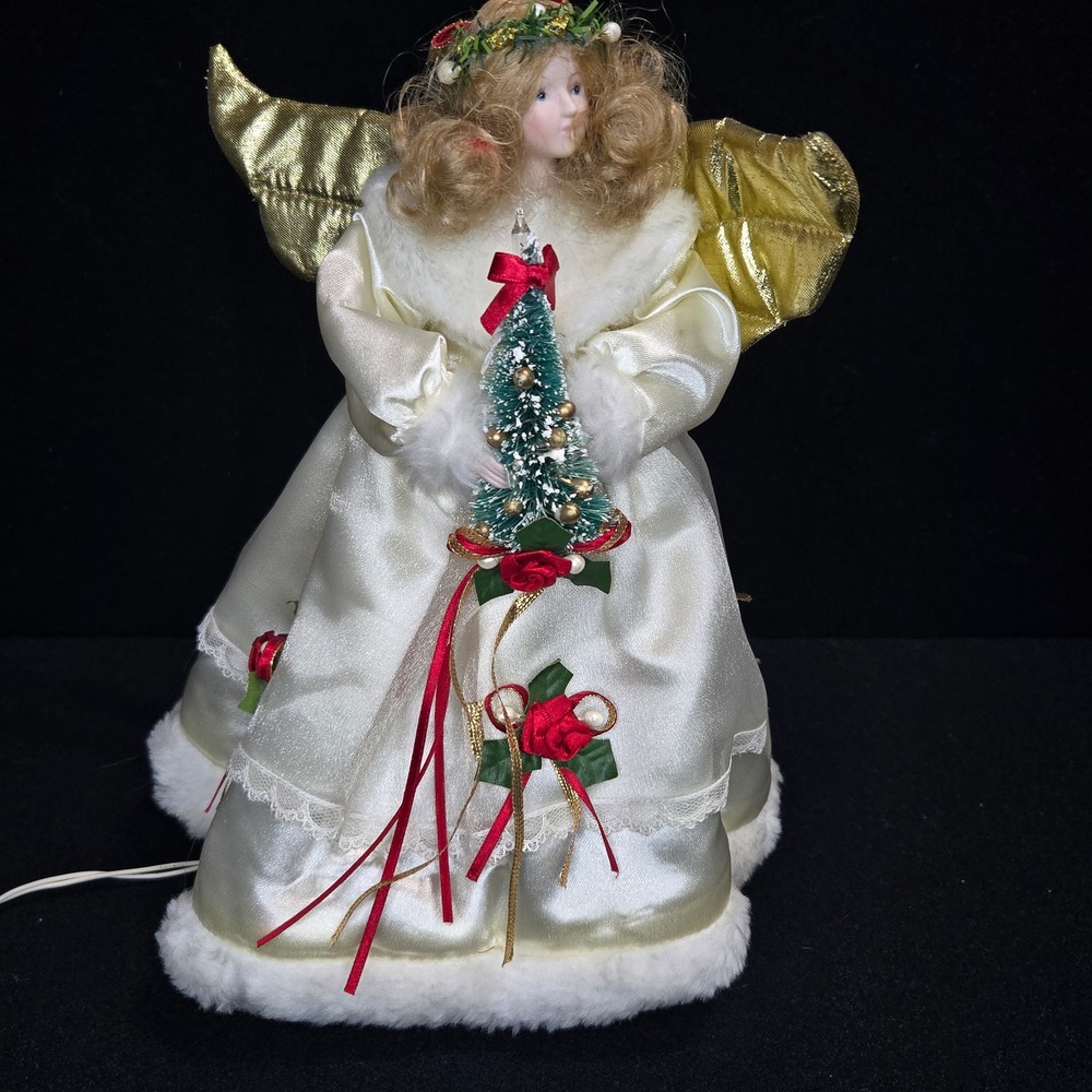Vintage Lighted Angel Christmas Tree Table Topper Porcelain Gold Wings Cream 12"